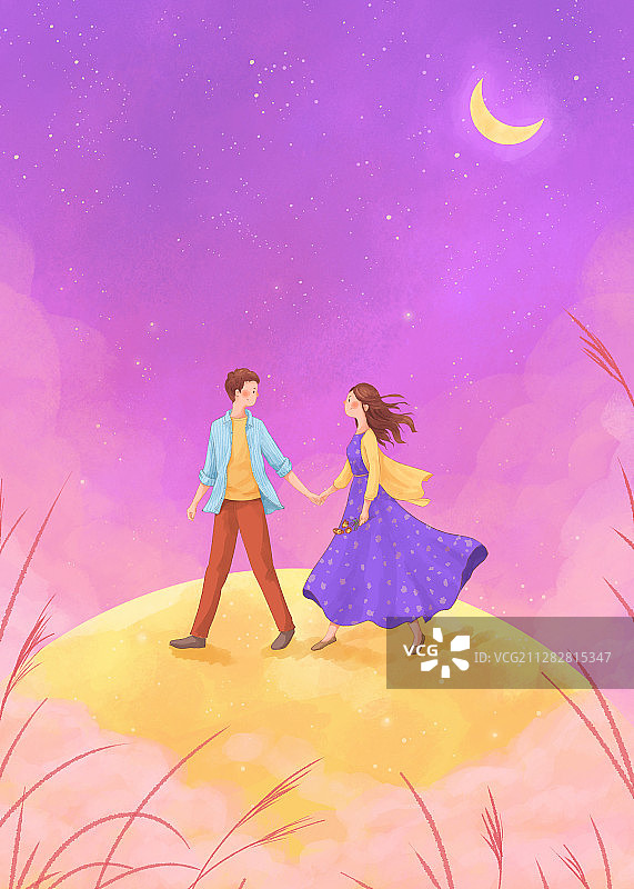 月亮上牵手的情侣情人节插画竖版图片素材