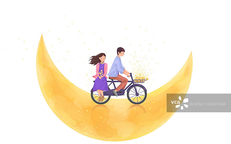 月亮上骑车的情侣情人节插画图素图片素材