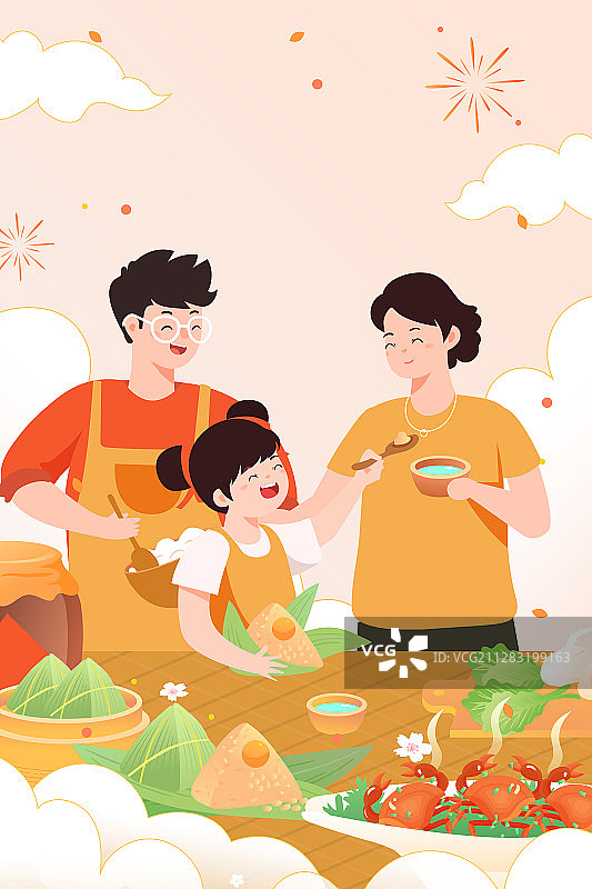 端午节粽子家人包粽子传统习俗中国风渐变背景矢量插画图片素材