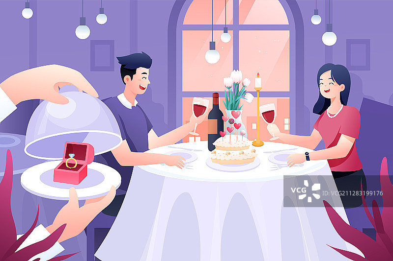 卡通520情人节浪漫求婚约会烛光晚餐西餐厅促销电商矢量插画图片素材