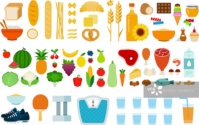 蛋白质、碳水化合物、蔬菜、水果图片素材