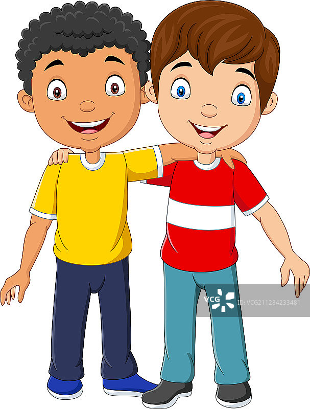 卡通有趣的两个小男孩拥抱图片素材