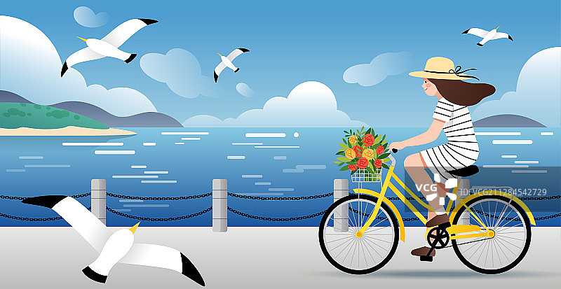一个女孩在海边骑自行车图片素材