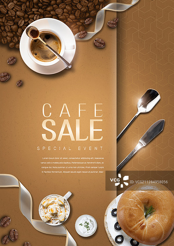 咖啡店销售传单海报模板与咖啡百吉饼和餐具图片素材