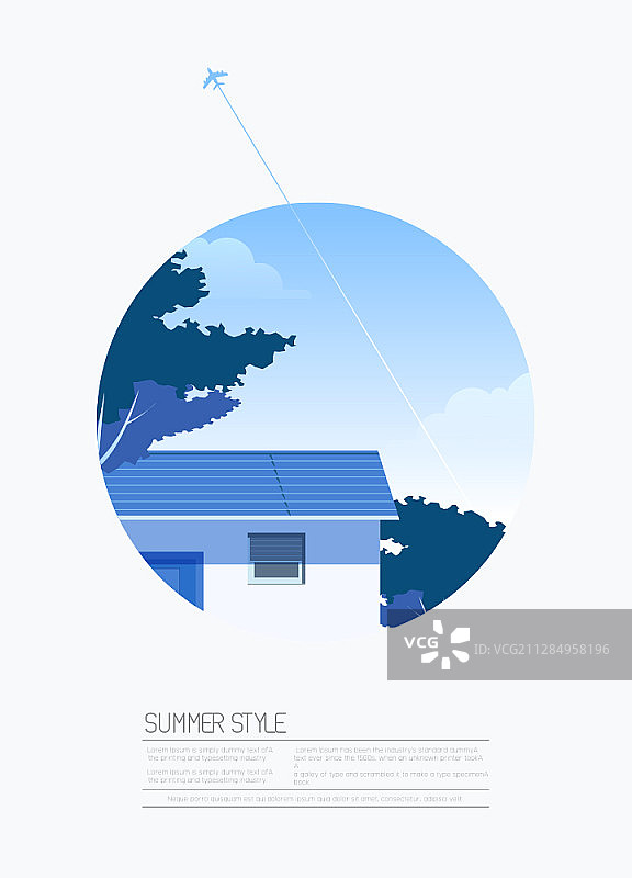 矢量插图的夏季蓝色房子与飞机图片素材