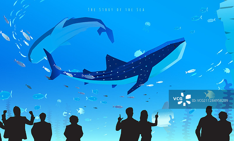 矢量插图的海底生活与鲸鱼和小鱼与人的影子图片素材
