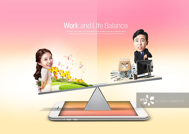 工作和生活平衡主题的数字合成图像与女人和男人放在平板电脑上的跷跷板图片素材