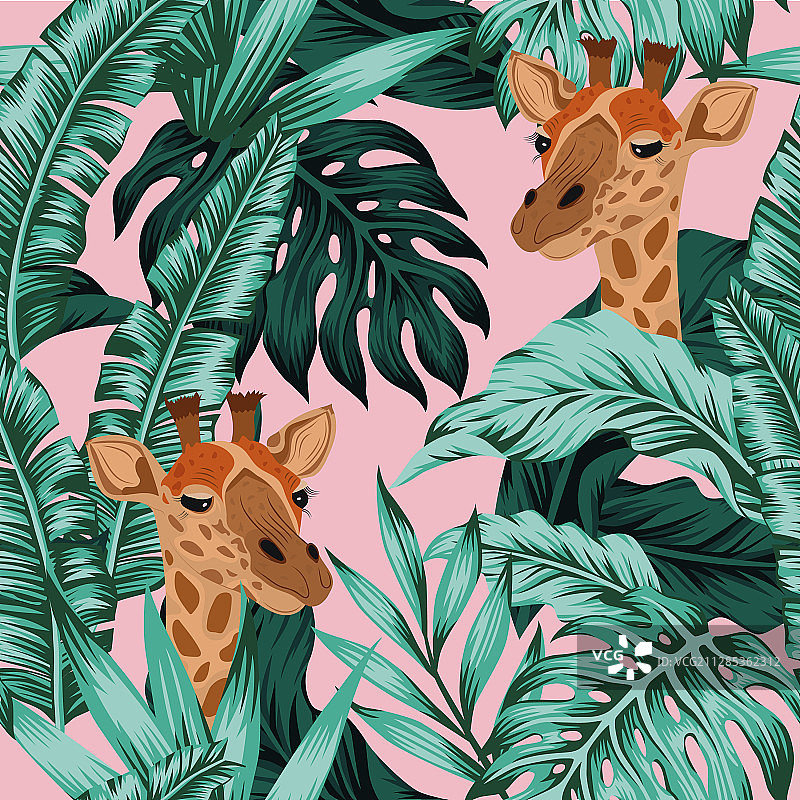 热带叶长颈鹿无缝图案粉红色图片素材