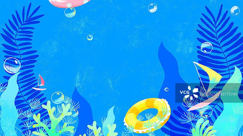 夏天蓝色海底的海草珊瑚游泳圈气泡海带插画图片素材