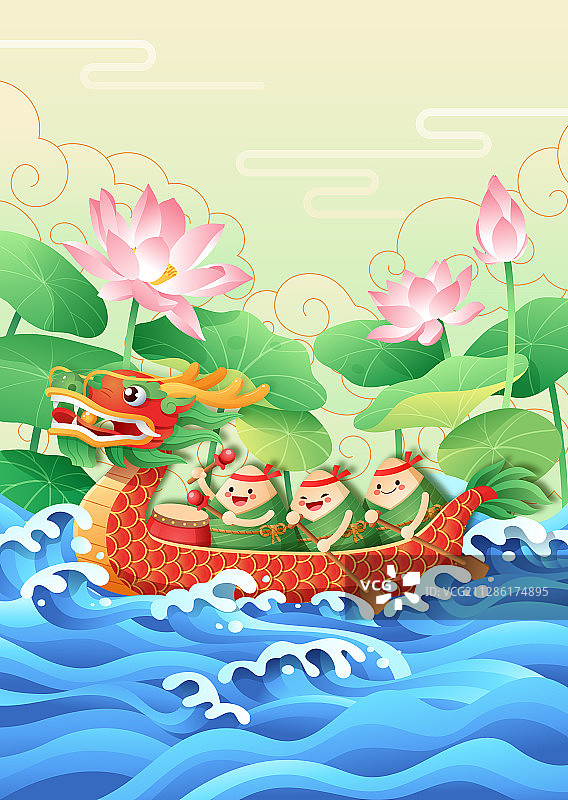 端午节粽子划龙舟和荷花水浪背景图片素材