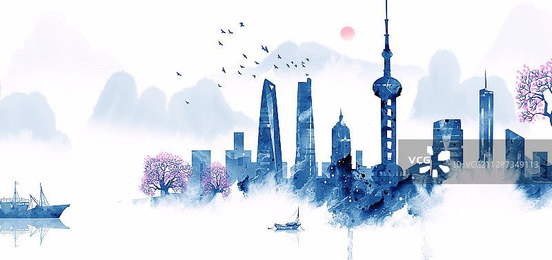 上海陆家嘴城市建筑群水彩插画图片素材