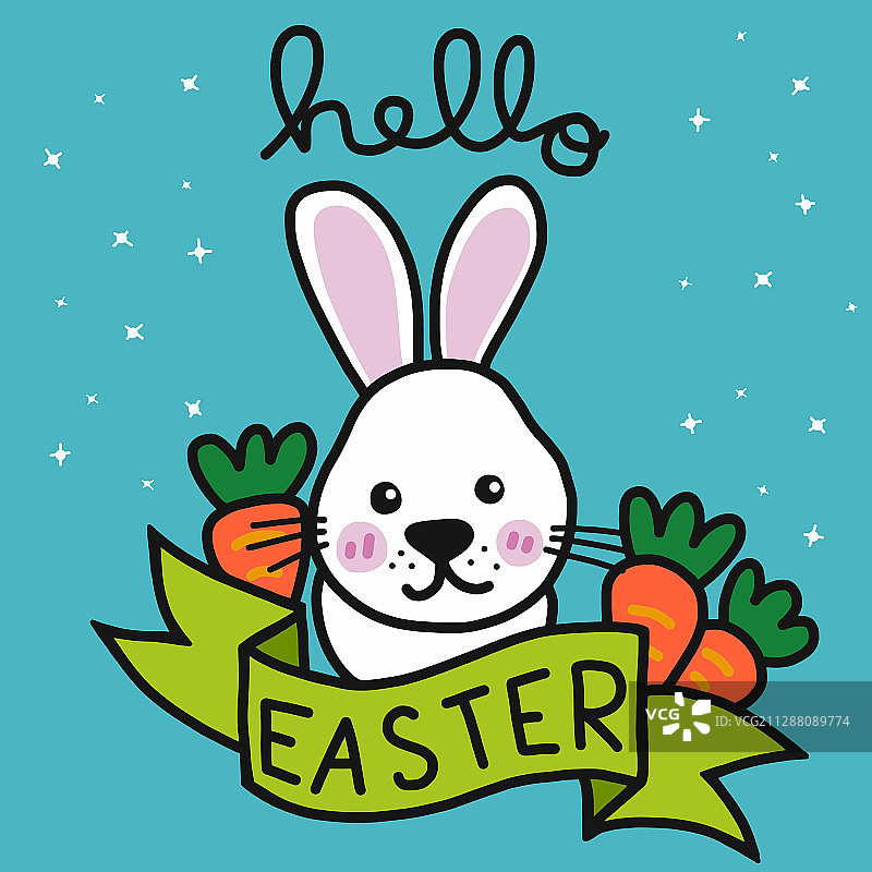 你好复活节可爱的白兔和胡萝卜卡通图片素材