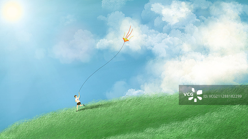 蓝天白云下一个男孩正在草地上放风筝插画图片素材
