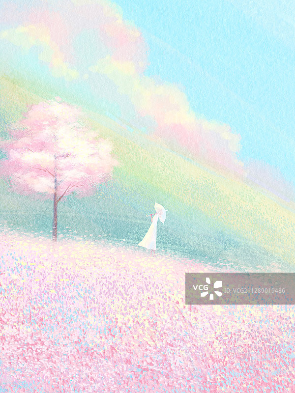粉黛子草丛中的白衣少女插画图片素材