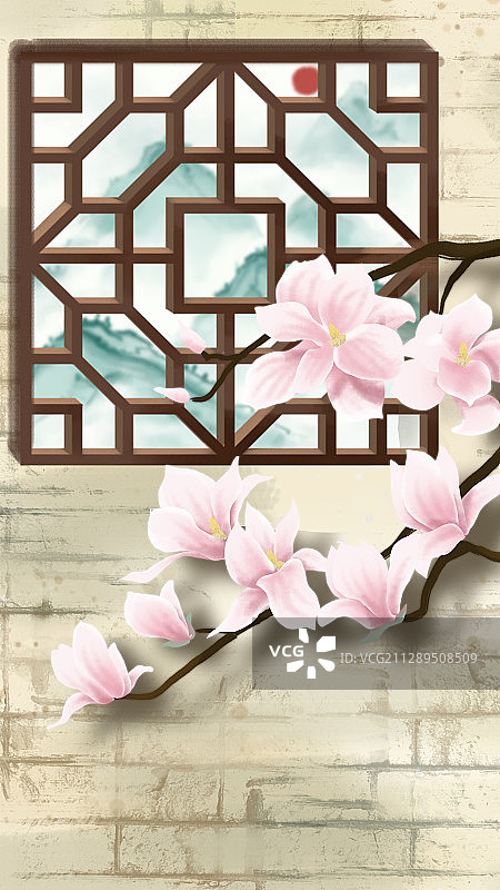 中式木窗前的白玉兰花图片素材