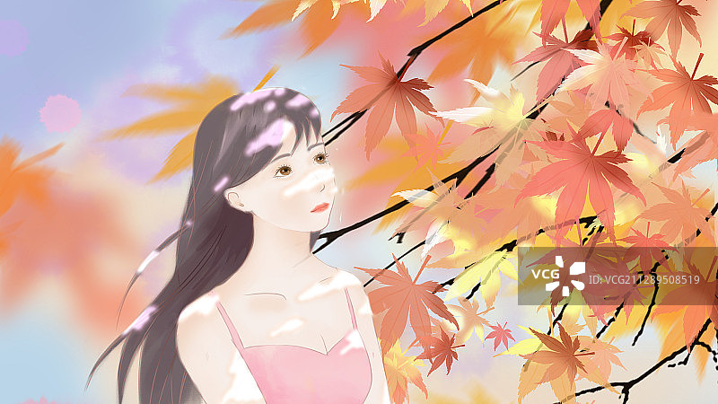 阳光洒在枫树下的少女插画图片素材