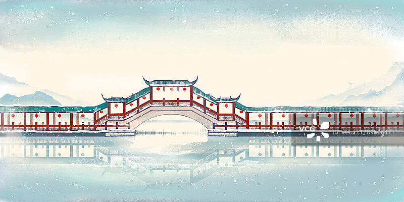 中国风唯美冬天古桥水墨画图片素材