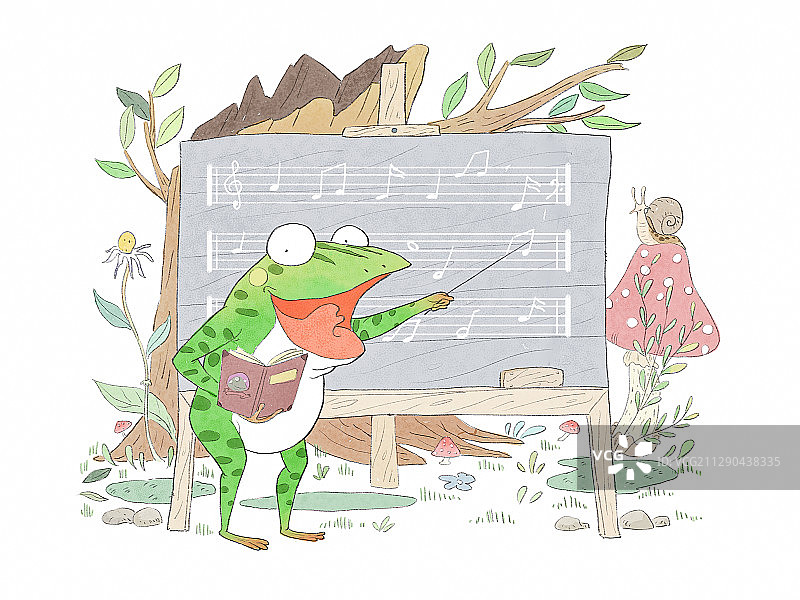 青蛙老师黑板前教音乐儿童插画图片素材