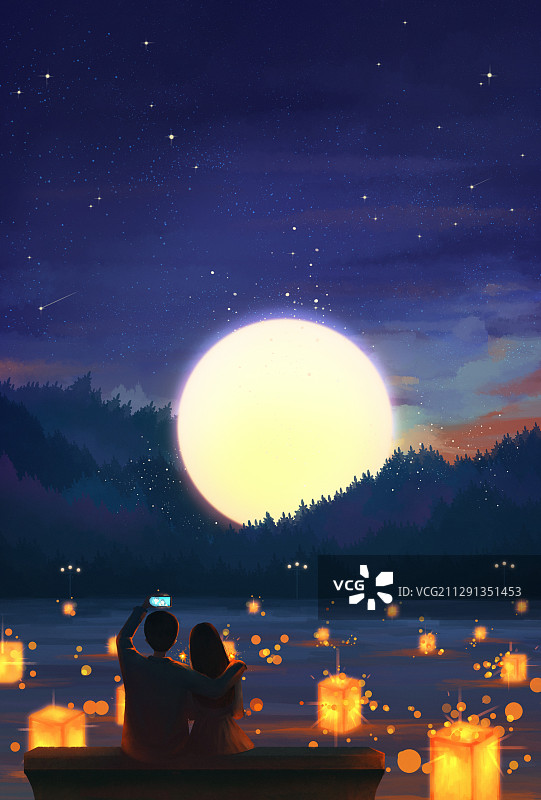 中秋节赏月自拍的情侣创意插画图片素材
