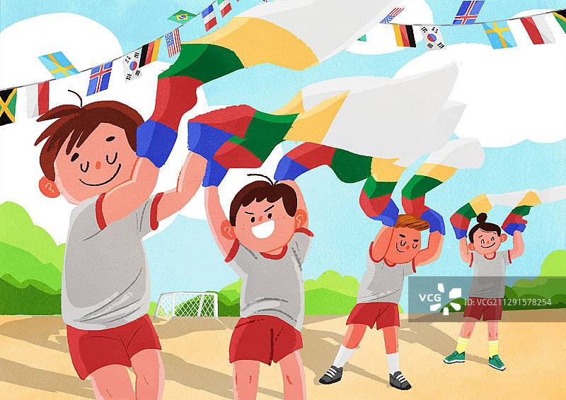 景观插图的儿童穿着五颜六色的水袖和跳舞在运动会图片素材