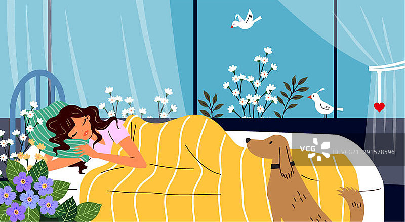 矢量插图的女人睡在床上的狗和鸟图片素材