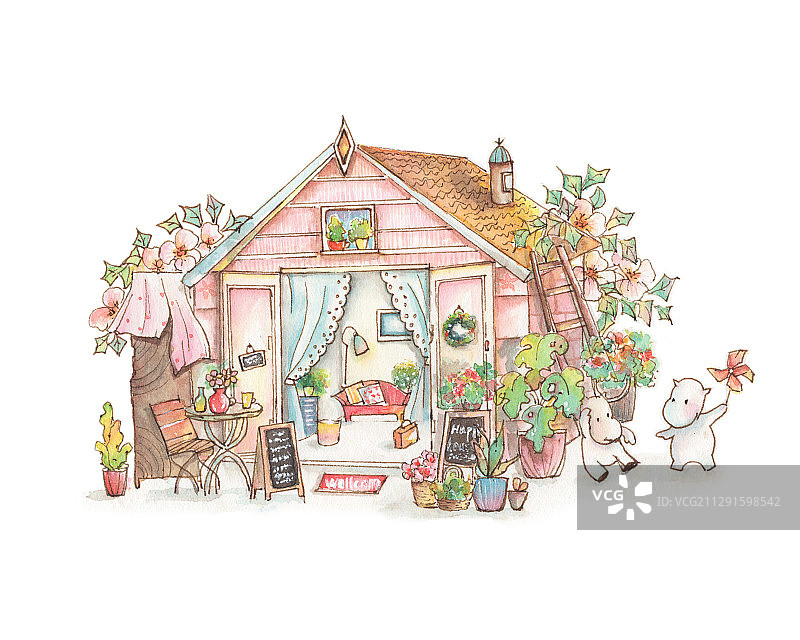 清新水彩手绘卡通童趣的建筑房屋小房子系列尖顶小木屋图片素材