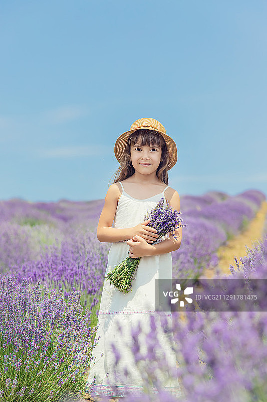 年轻快乐的女孩穿着白色的衣服和草帽站在薰衣草的田野里，拿着薰衣草花图片素材