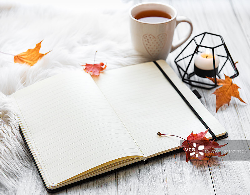 打开笔记本，一杯茶，白色背景上的秋叶蜡烛图片素材