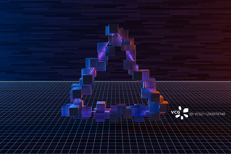 紫色复古霓虹三角形背景 3D渲染图片素材