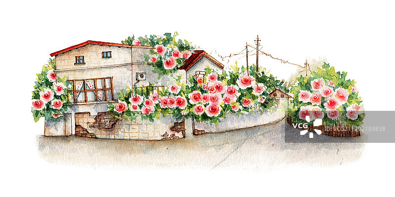 清新水彩手绘卡通童趣的建筑房屋系列拐角街道旁边的花园洋房图片素材