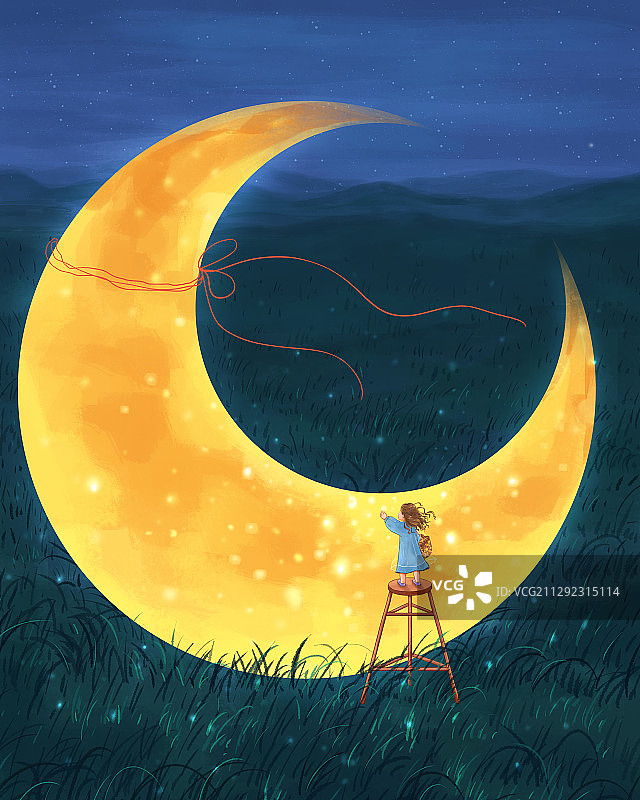 夜晚月亮女孩唯美梦幻插画4图片素材