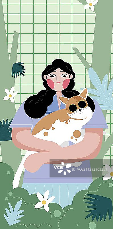 女生抱着宠物小猫萌宠时光主视觉插画开屏海报图片素材