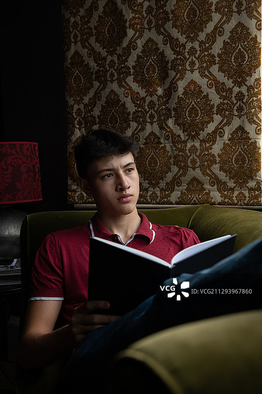 一个十几岁的男孩躺在沙发上看书图片素材