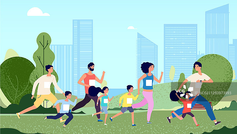 家庭马拉松人慢跑女人孩子运动图片素材