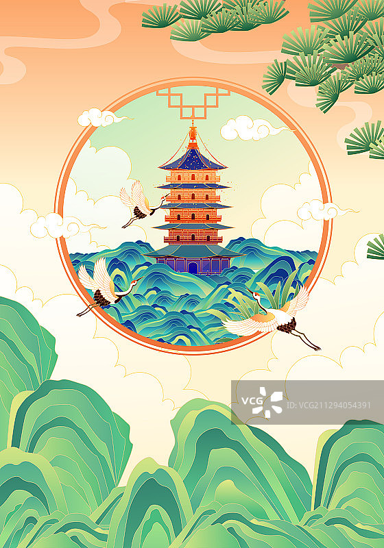 国潮风杭州西湖美丽的风景矢量插画图片素材