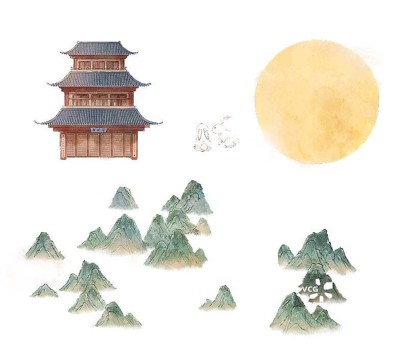 中秋中国风元素插画 建筑 月亮 山图片素材