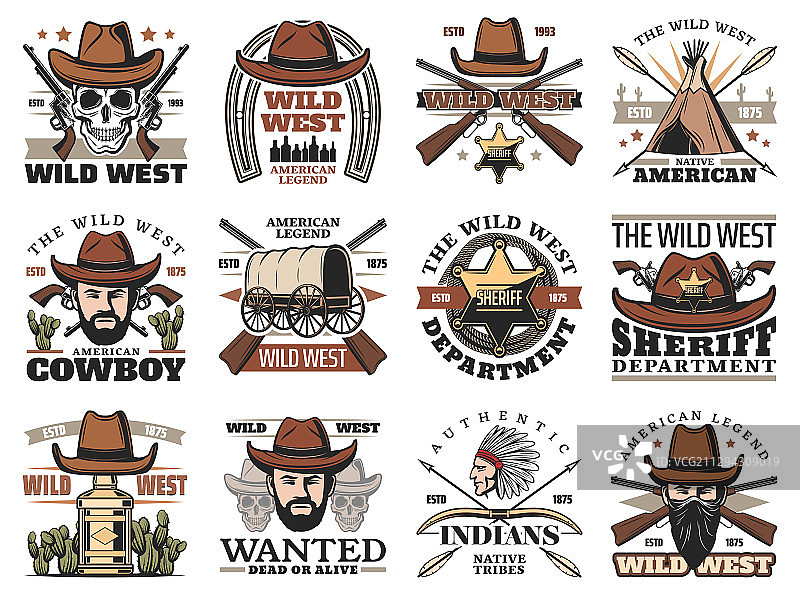 牛仔和西部警长头骨狂野西部图标图片素材