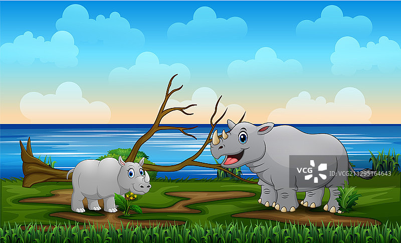 一头大犀牛和她的幼崽在野外图片素材