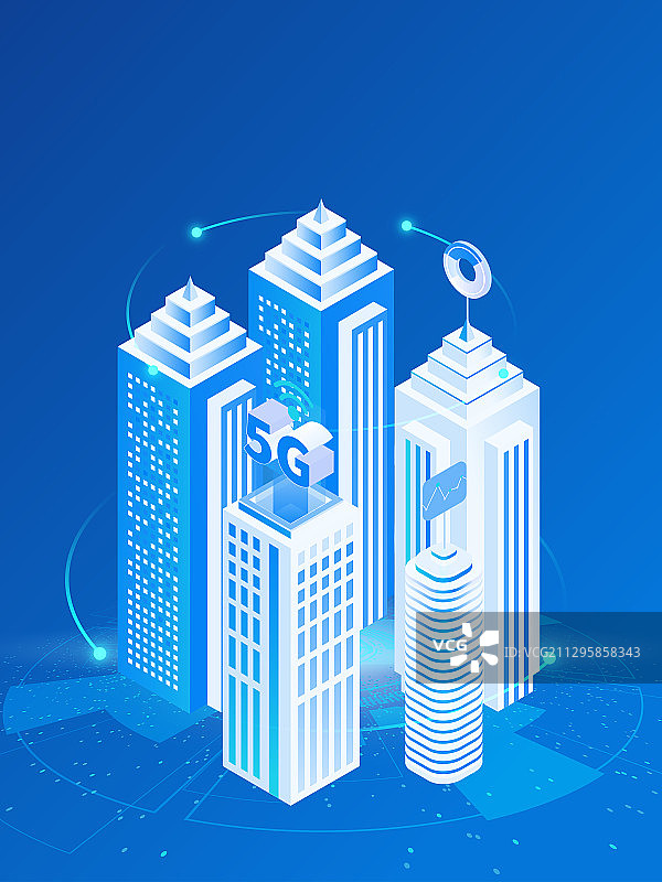蓝色科技风格立体2.5D城市建筑插画图片素材