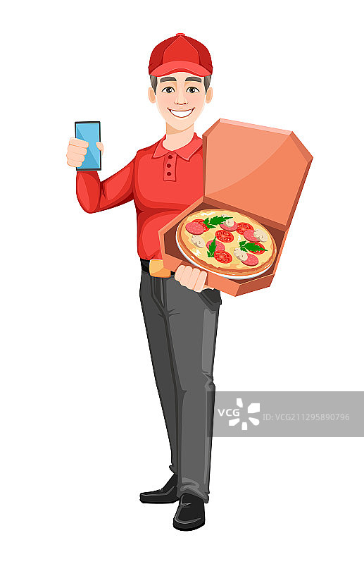 快递员拿着披萨和智能手机图片素材