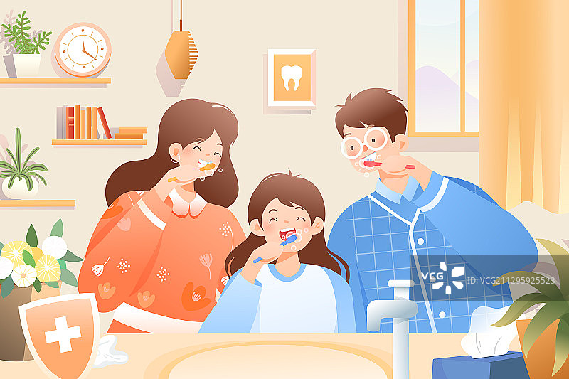 卡通少儿家人亲子牙科牙齿健康世界爱牙日保护牙齿口腔矢量插画图片素材