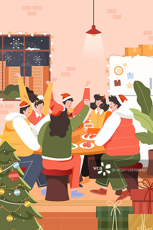 卡通圣诞节庆祝朋友吃火锅美食活动新年春节团圆传统节日矢量插画图片素材