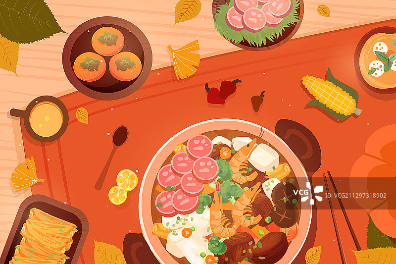 卡通美食健康火锅养生秋季时令食物周年庆购物电商活动矢量插画图片素材