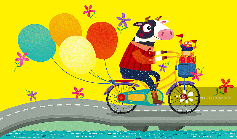 牛年牛插画-骑着骑车自行车的奶牛图片素材