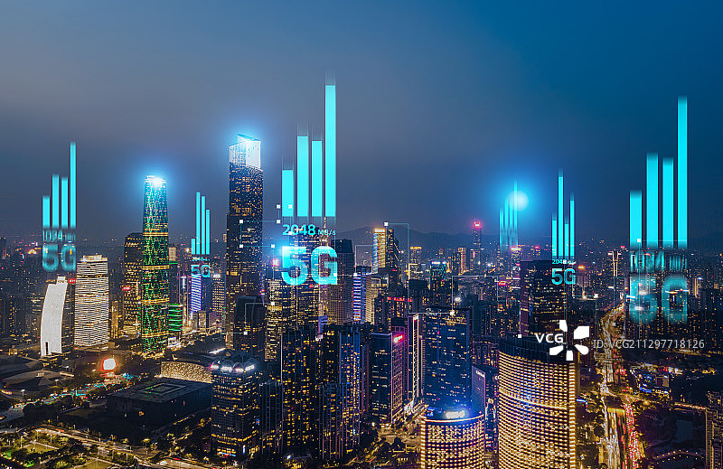 夜景广州珠江新城城市天际线建筑5G互联网无线技术大数据云计算图片素材