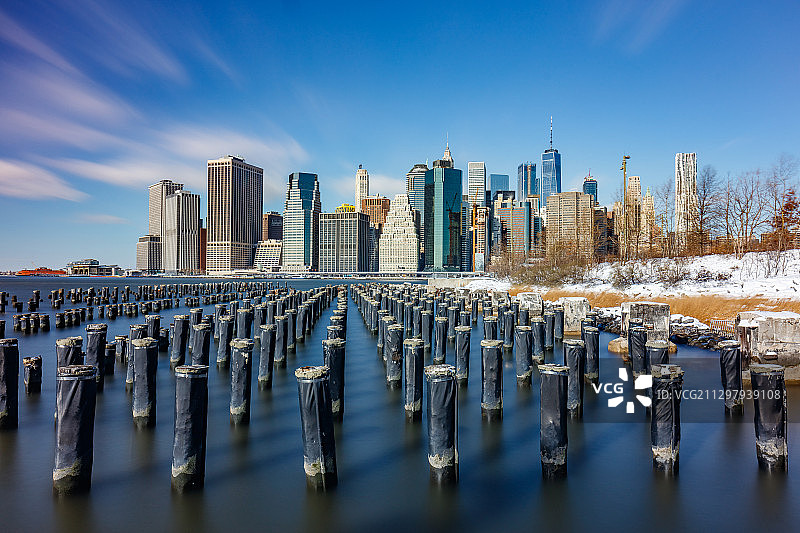 美国纽约市，蓝天映衬下的建筑全景图片素材