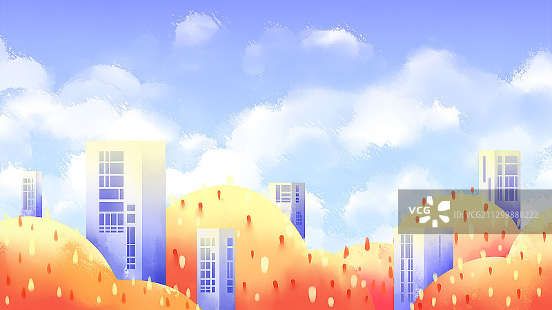 秋天的城市，搭配蓝天白云背景，蓝色橙色唯美小清新秋季插画图片素材