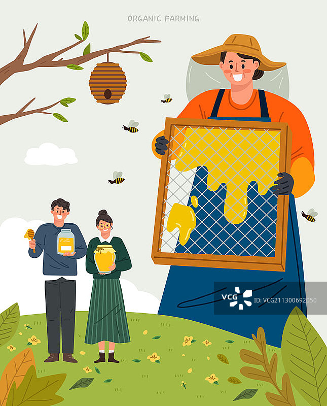 向量插图的农民收获蜂蜜和客户图片素材