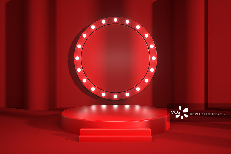 红色舞台和圆弧形灯光，三维图形图片素材