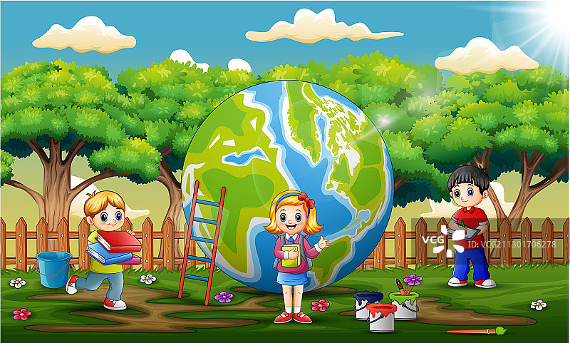 学校的孩子们用大的彩色地球图片素材